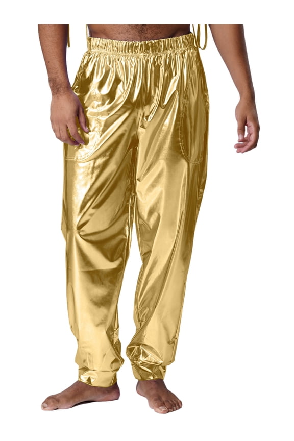 Mens Shiny Metallic Jogger Pants High Waist Disco Harem Pants Loose Fit Hip Hop Dance Trousers Gold XL