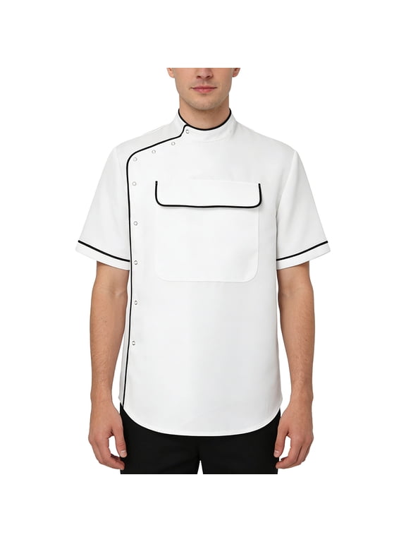 Mens Short Sleeve Hair Stylist Uniform Stand Collar Piped Trim Barber Jacket Salon Spa Hairdresser Workwear White S