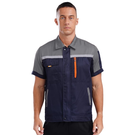 TiaoBug Mens Short Sleeve Zip Up Work Shirt Reflective Stripes Jacket Workshop Tops with Pockets Gray&Navy Blue 165/M