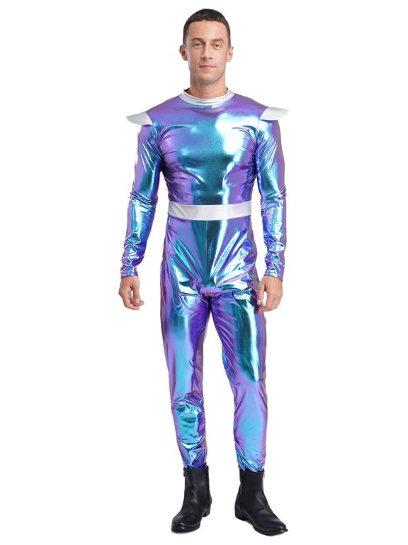 Mens Space Astronaut Outfit Alien Bodysuit Long Sleeve Metallic Jumpsuit Stretchy Catsuit Blue L