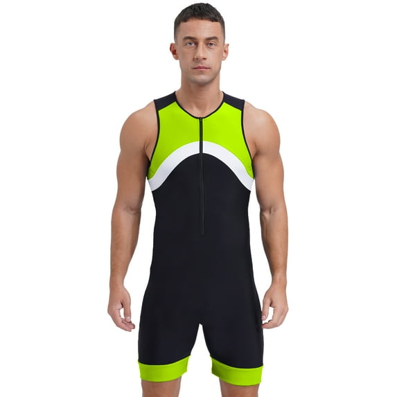 TiaoBug Mens Swimming Jumpsuit Sleeveless Zip-up Sports Unitard Bodysuit Surfing Swimsuit Fluorescent Green XXL