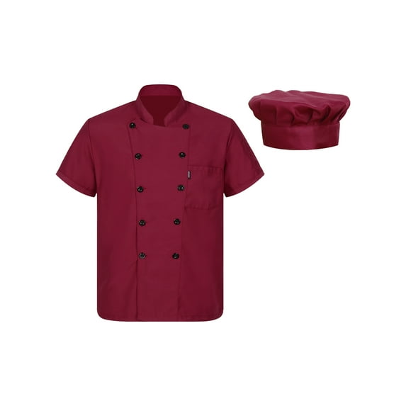 TiaoBug Mens Womens Short Sleeve Chef Coat Kitchen Hotel Uniform Shirts Cook Jacket with Hat Restaurant Workwear Red-B XL