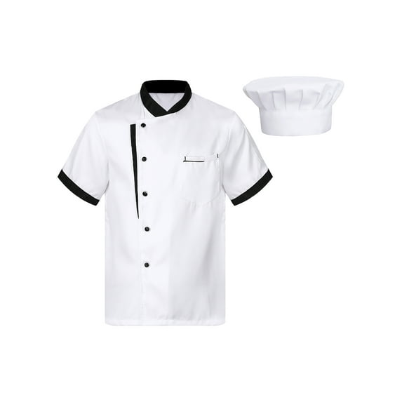 TiaoBug Mens Womens Short Sleeve Chef Coat Kitchen Hotel Uniform Shirts Cook Jacket with Hat Restaurant Workwear White-A 3XL