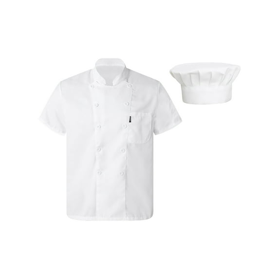TiaoBug Mens Womens Short Sleeve Chef Coat Kitchen Hotel Uniform Shirts Cook Jacket with Hat Restaurant Workwear White-B XL