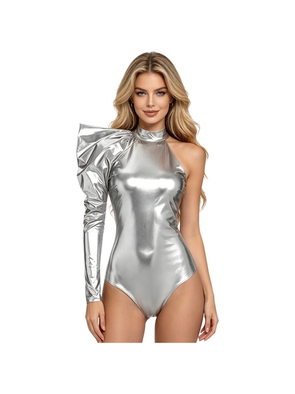Metallic Jumpsuits for Women Ballet Leotard Dance Rave Outfits Athletic Romper Clubwear Silver M
