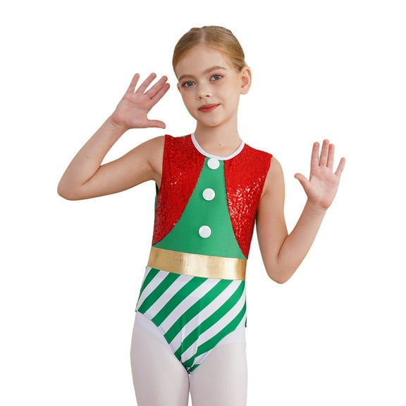 TiaoBug Miss Santa Dance Costume Sequins Sleeveless Gymnastics Leotard Dance Bodysuits Green 8