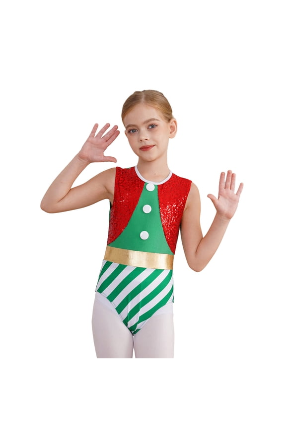 Miss Santa Dance Costume Sequins Sleeveless Gymnastics Leotard Dance Bodysuits Green 8