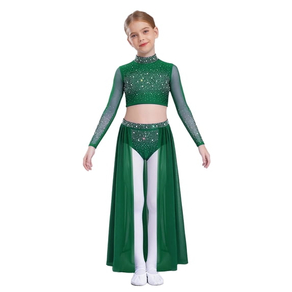TiaoBug Modern Dance Dress for Girls Shiny Rhinestone Long Sleeve Crop Top with Skirt Lyrical Dance Outfits Green 10