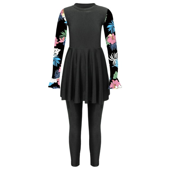 TiaoBug Modest 2 Pcs Swimsuit for Kids Girls Floral Print Long Sleeve Swim Skirts with Pants Beach Cover Up Sets Beach Swimwear Black 10