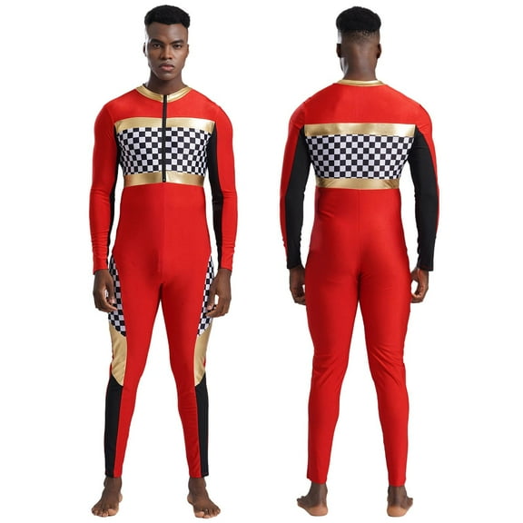 TiaoBug Racer Driver Cosplay Bodysuit for Mens Long Sleeve Plaid Jumpsuit Cheerleading Uniform Red L