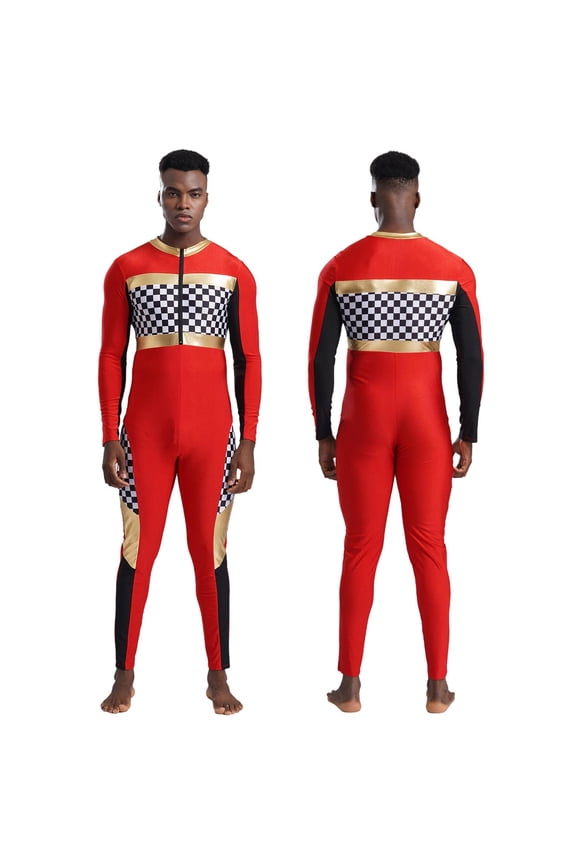 Racer Driver Cosplay Bodysuit for Mens Long Sleeve Plaid Jumpsuit Cheerleading Uniform Red XL