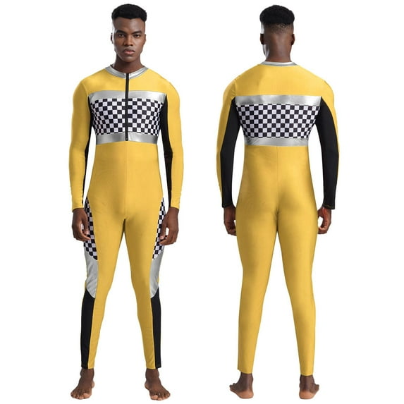 TiaoBug Racer Driver Cosplay Bodysuit for Mens Long Sleeve Plaid Jumpsuit Cheerleading Uniform Yellow L