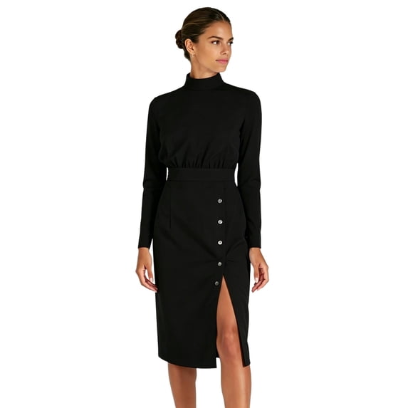 TiaoBug Scrubs Dress for Women Mock Neck Long Sleeve Buttoned Split Hem Fitted Midriff Dress Black S