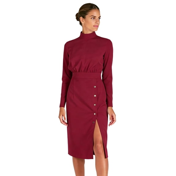 TiaoBug Scrubs Dress for Women Mock Neck Long Sleeve Buttoned Split Hem Fitted Midriff Dress Burgundy L
