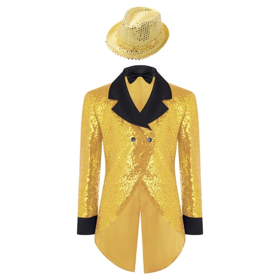 TiaoBug Sequin Tailcoat for Boys with Hat and Bow Tie Tuxedo Suit Jackets Shiny Birthday Party Disco Rave Outfit Gold 12