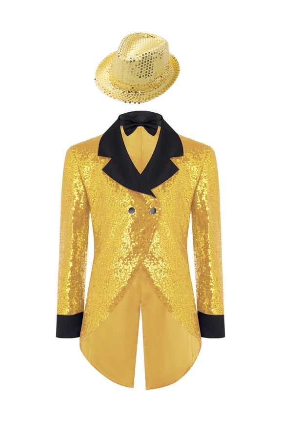 Sequin Tailcoat for Boys with Hat and Bow Tie Tuxedo Suit Jackets Shiny Birthday Party Disco Rave Outfit Gold 6