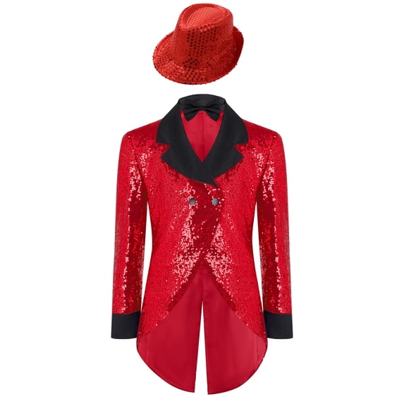 TiaoBug Sequin Tailcoat for Boys with Hat and Bow Tie Tuxedo Suit Jackets Shiny Birthday Party Disco Rave Outfit Red 8