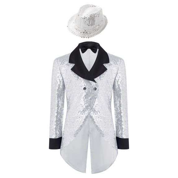 TiaoBug Sequin Tailcoat for Boys with Hat and Bow Tie Tuxedo Suit Jackets Shiny Birthday Party Disco Rave Outfit Silver 12