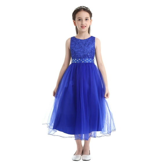 TiaoBug Flower Girl Sequined Lace Dress Sleeveless Wedding Bridesmaid Gowns Pageant Party Wear Blue 12