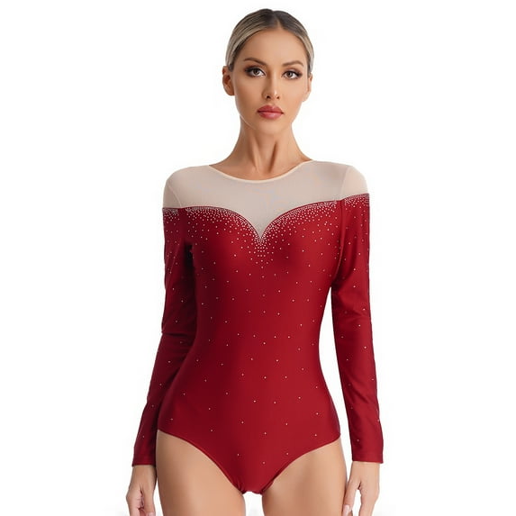 TiaoBug Sheer Mesh Long Sleeve Dance Leotards for Womens Ballet Leotard Gymnastics Bodysuit Burgundy XL