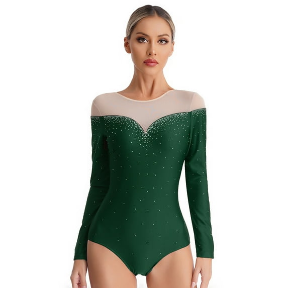 TiaoBug Sheer Mesh Long Sleeve Dance Leotards for Womens Ballet Leotard Gymnastics Bodysuit Dark Green S