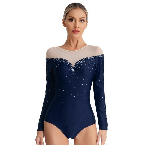 TiaoBug Sheer Mesh Long Sleeve Dance Leotards for Womens Ballet Leotard Gymnastics Bodysuit Navy Blue L