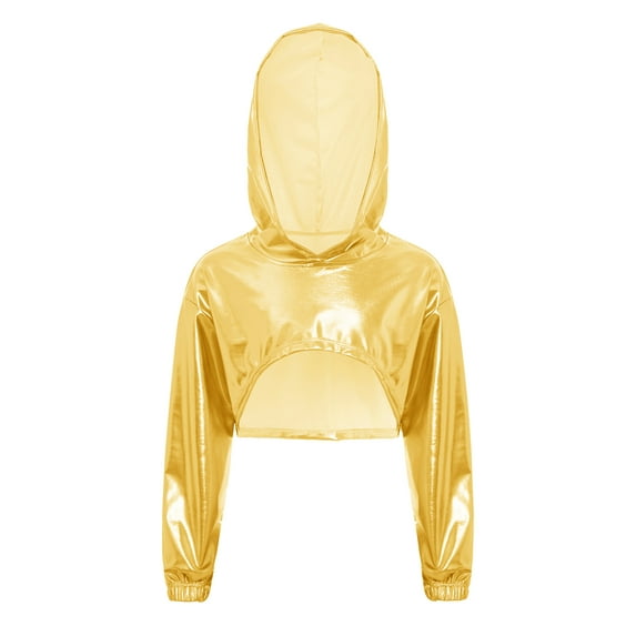 TiaoBug Shiny Metallic Cropped Hoodie Sweatshirt for Girls Cheerleading Performance Jazz Dance Crop Top Gold 10