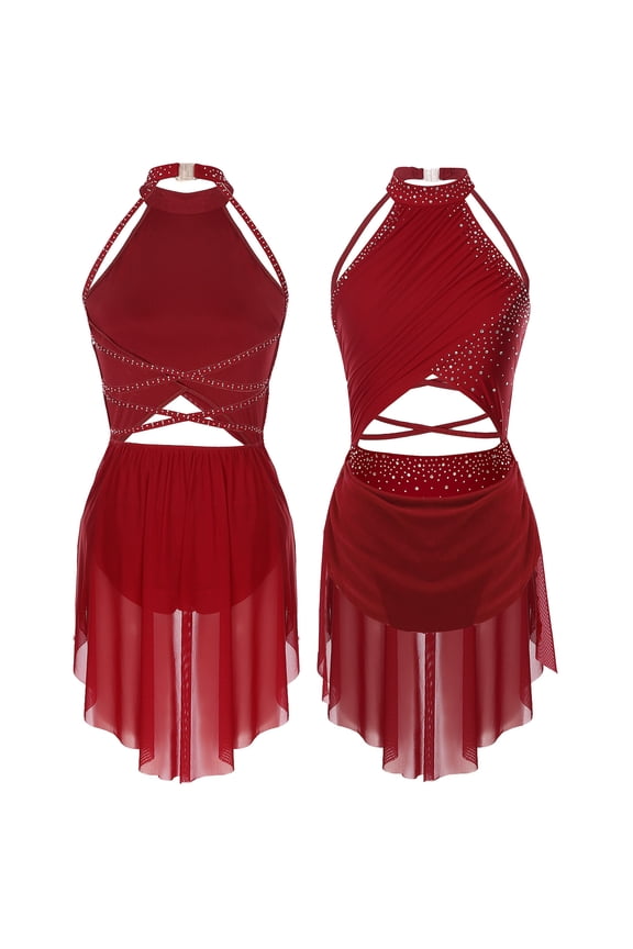 Shiny Rhinestone Lyrical Dance Dress for Women Sheer Mesh Cutout Straps Back Leotard Modern Dance Dress Burgundy S