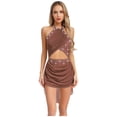 thumbnail image 1 of TiaoBug Shiny Rhinestone Lyrical Dance Dress for Women Sheer Mesh Cutout Straps Back Leotard Modern Dance Dress Dusty Pink S, 1 of 7