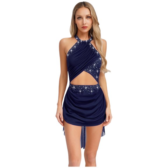 TiaoBug Shiny Rhinestone Lyrical Dance Dress for Women Sheer Mesh Cutout Straps Back Leotard Modern Dance Dress Navy Blue XXL