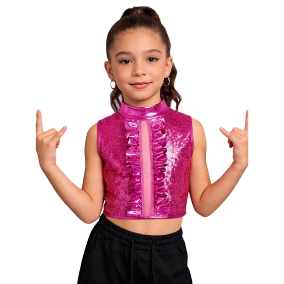TiaoBug Shiny Sequin Crop Tops for Girls Hip-hop Dance Vest 70s Disco Party Stage Performance Outfit Hot Pink 6