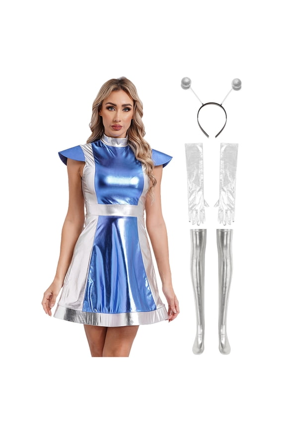 Space Alien Costume for Women Shiny Metallic Contrast Dress Halloween Astronaut Cosplay Outfits Blue XL