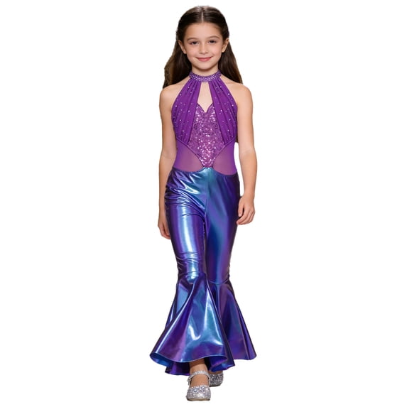 TiaoBug Sparkle Sequin Jumpsuit 70s Outfits for Girls Sleeveless Metallic Bell Bottom Romper Disco Dance Wear Blue 4