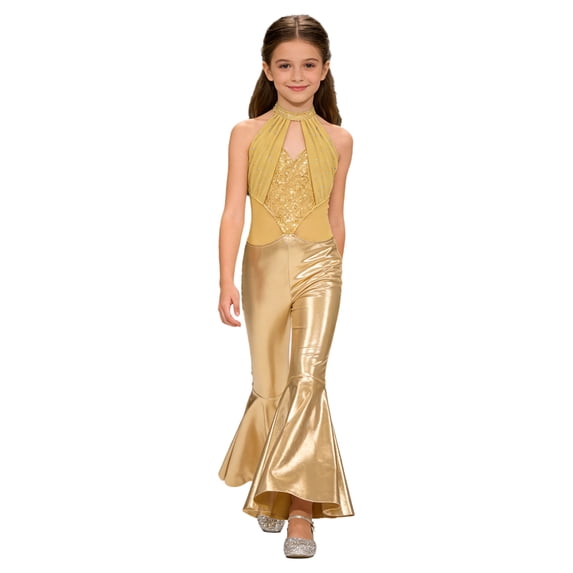TiaoBug Sparkle Sequin Jumpsuit 70s Outfits for Girls Sleeveless Metallic Bell Bottom Romper Disco Dance Wear Gold 4