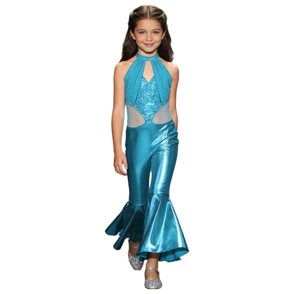 TiaoBug Sparkle Sequin Jumpsuit 70s Outfits for Girls Sleeveless Metallic Bell Bottom Romper Disco Dance Wear Light Blue 4