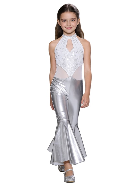 Sparkle Sequin Jumpsuit 70s Outfits for Girls Sleeveless Metallic Bell Bottom Romper Disco Dance Wear Silver 4