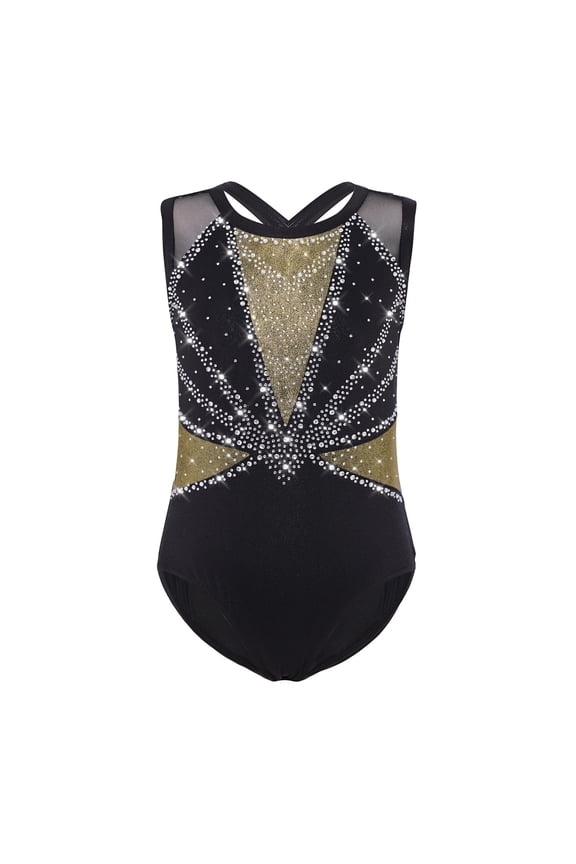 Sparkly Gymnastics Leotard for Girls Kids Shiny Rhinestone Sleeveless Crisscross Back Ballet Dance Top Black&Gold 14