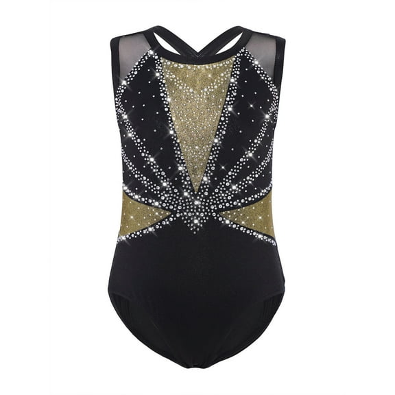 TiaoBug Sparkly Gymnastics Leotard for Girls Kids Shiny Rhinestone Sleeveless Crisscross Back Ballet Dance Top Black&Gold 16
