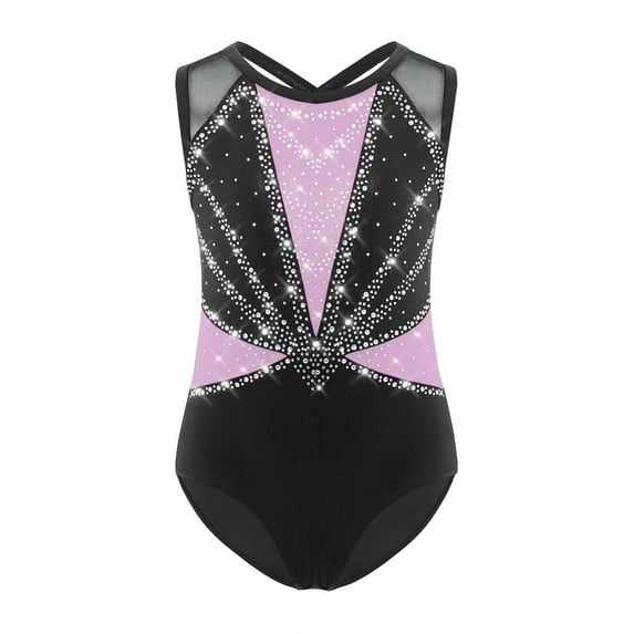 TiaoBug Sparkly Gymnastics Leotard for Girls Kids Shiny Rhinestone Sleeveless Crisscross Back Ballet Dance Top Light Purple 8