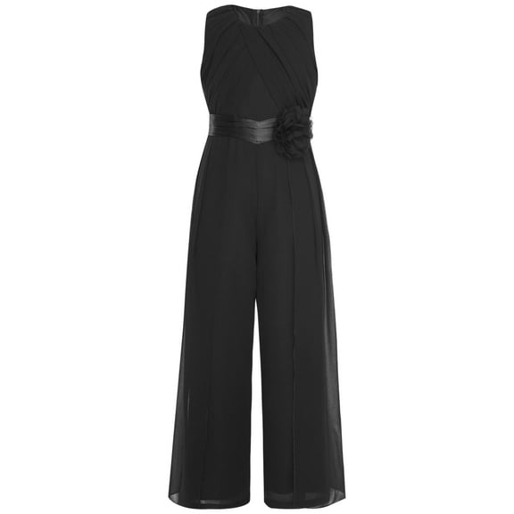 TiaoBug Teens Girls Chiffon Overlay Dressy Jumpsuit Sleeveless Ruffled Princess Pageant Wide Leg Pants Romper Black 12