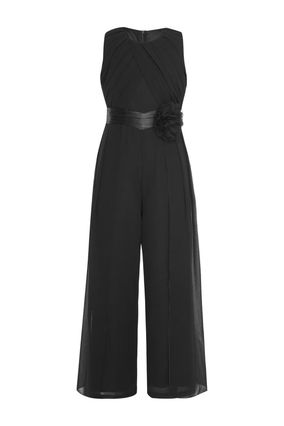 Teens Girls Chiffon Overlay Dressy Jumpsuit Sleeveless Ruffled Princess Pageant Wide Leg Pants Romper Black 16