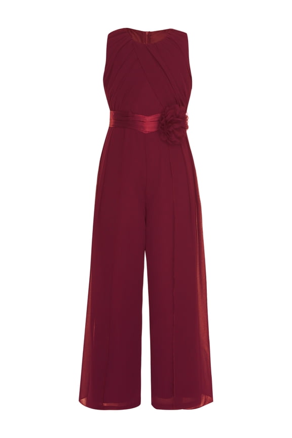 Teens Girls Chiffon Overlay Dressy Jumpsuit Sleeveless Ruffled Princess Pageant Wide Leg Pants Romper Burgundy 8
