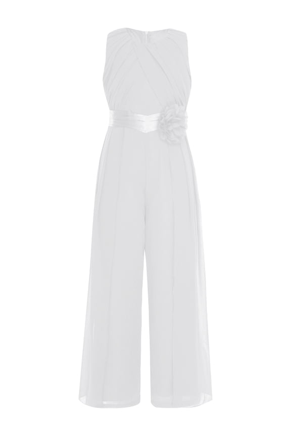 Teens Girls Chiffon Overlay Dressy Jumpsuit Sleeveless Ruffled Princess Pageant Wide Leg Pants Romper Ivory 14