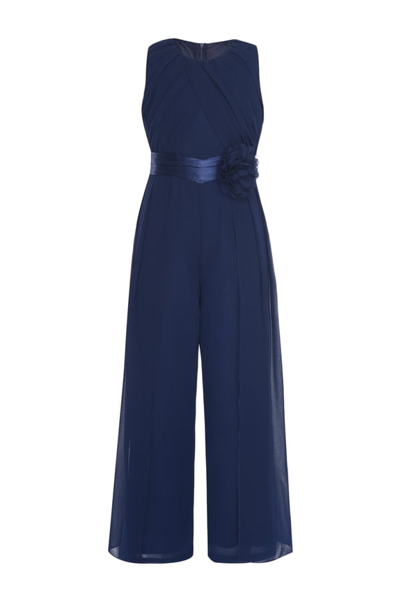 Teens Girls Chiffon Overlay Dressy Jumpsuit Sleeveless Ruffled Princess Pageant Wide Leg Pants Romper Navy Blue 12