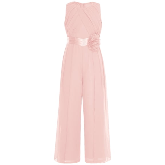 TiaoBug Teens Girls Chiffon Overlay Dressy Jumpsuit Sleeveless Ruffled Princess Pageant Wide Leg Pants Romper Pink 16
