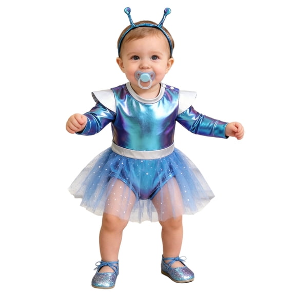 TiaoBug Toddler Baby Girls Alien Outfit Metallic Bodysuit Long Sleeve Tutu Dress with Headband Blue 12-18M