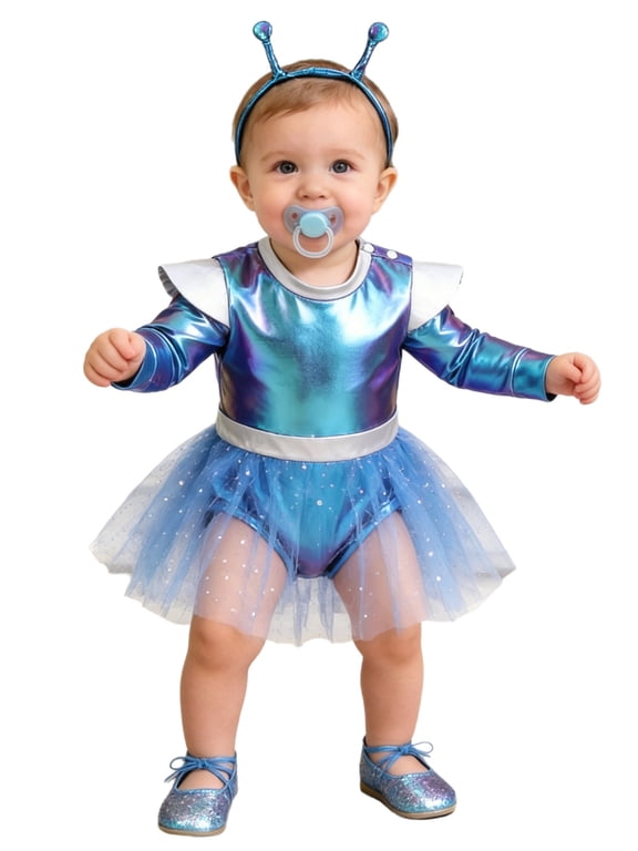 Toddler Baby Girls Alien Outfit Metallic Bodysuit Long Sleeve Tutu Dress with Headband Blue 9-12M