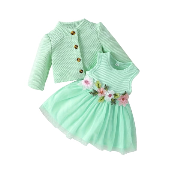 TiaoBug Toddler Baby Girls Flower Print Sundress with Cardigan Waffle Coat Spring Summer Dress Outfits Green 9-12 Months