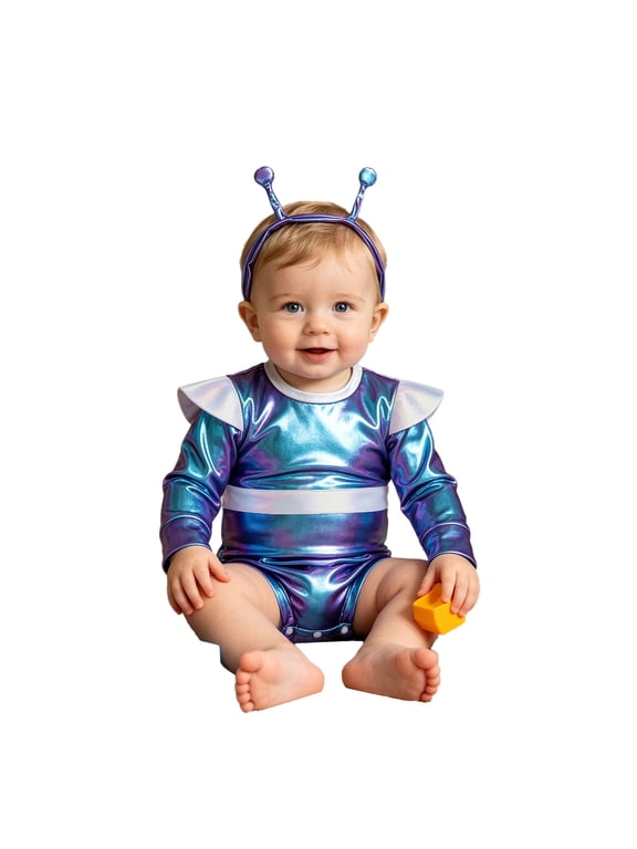 Toddler Boys Girls Futuristic Space Suit Baby Alien Outfit with Antenna Headband for Photoshoot Blue 6-12M