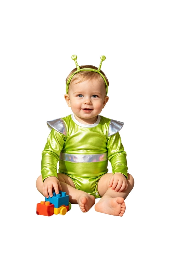 Toddler Boys Girls Futuristic Space Suit Baby Alien Outfit with Antenna Headband for Photoshoot Fluorescent Green 18-24M